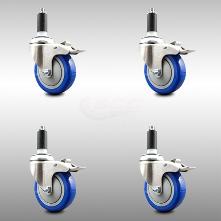 Service Caster 4 Inch 316SS Blue Poly Swivel 1-1/8 Inch Expanding Stem Caster Set Lock Brake SCC-SS316TTLEX20S414-PPUB-BLUE-118-4